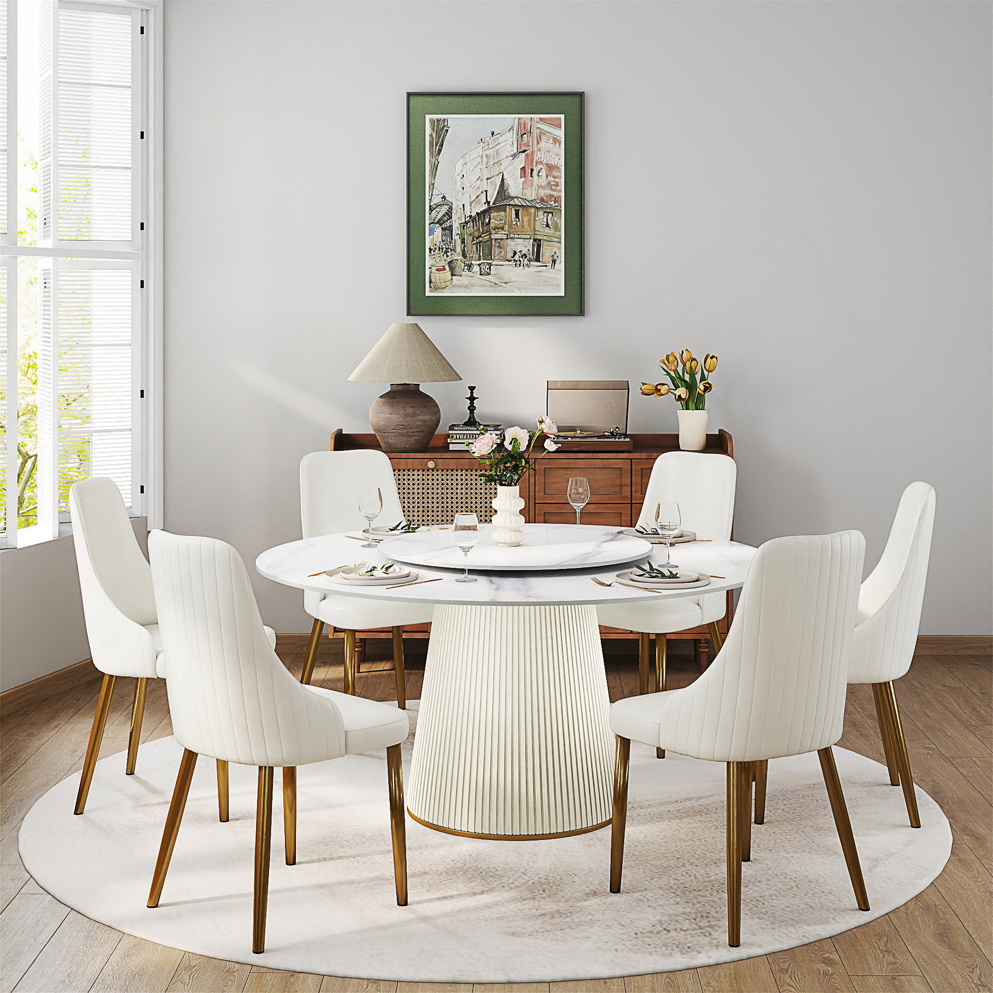 Orren Ellis Modern Round Artificial Stone Dining Table With PU Base ...