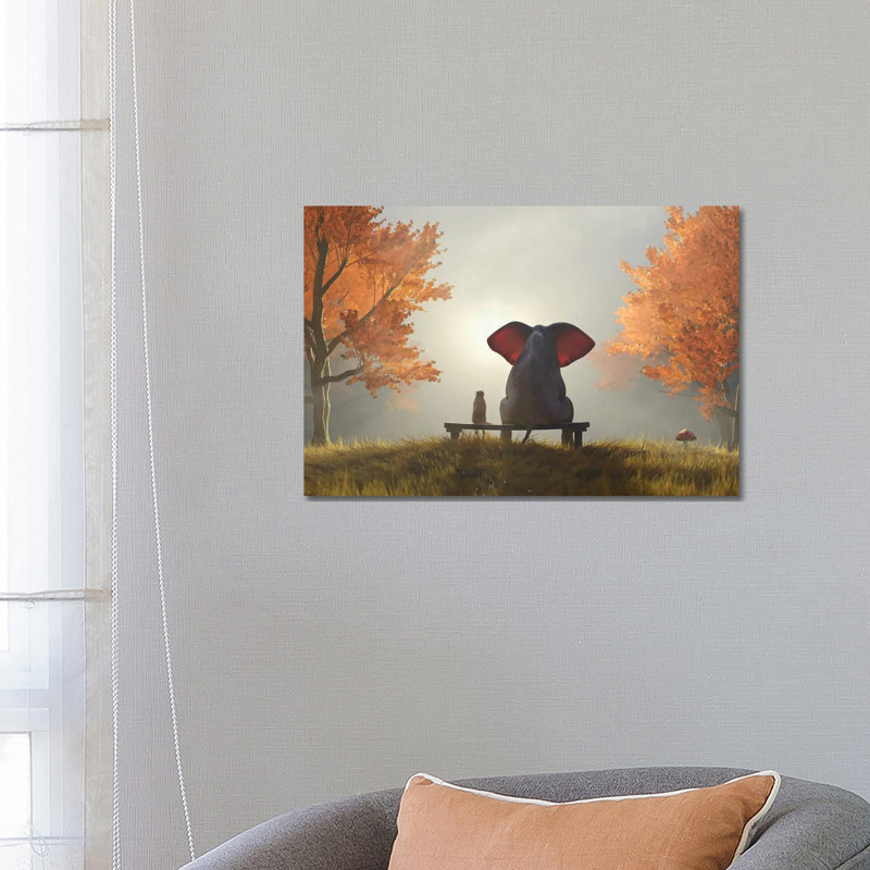 Elephant And Dog Sit In The Autumn Garden II by Mike Kiev - Print on Canvas, 66.04 cm H x 45.72 cm W x 1.91 cm D