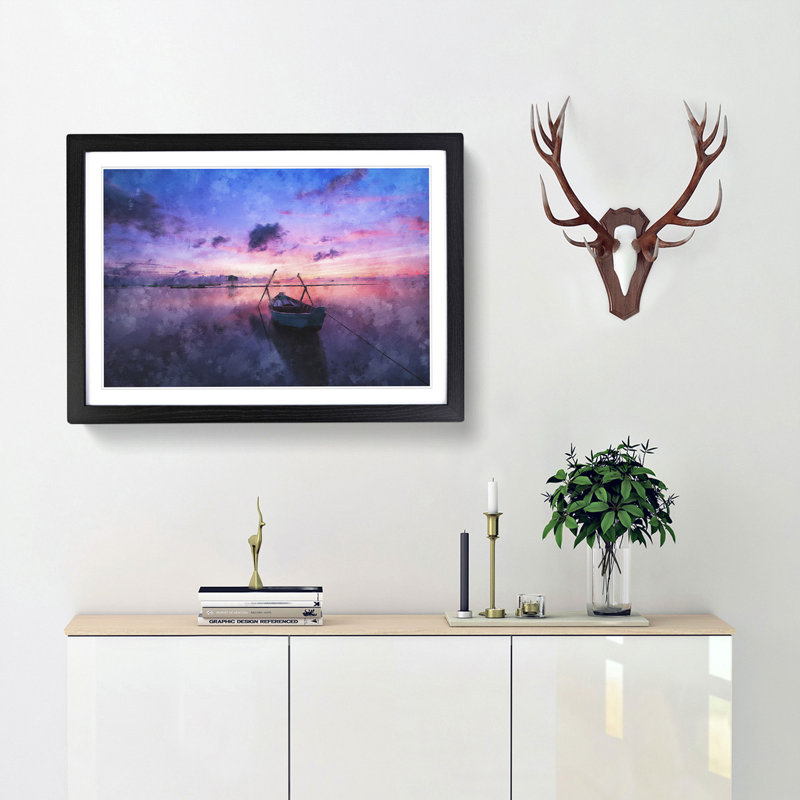 Vacant Rowboat upon the Lake - Picture Frame Painting Print, 45cm H x 63cm W x 2cm D, Black Framed