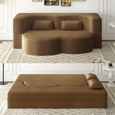 Matelas pliant pleine grandeur de 15 po pour le salon, canapé de sol moderne avec 2 coussins, canapé-lit convertible en velours côtelé moelleux, lit d'invité, aucun assemblage requis, chameau