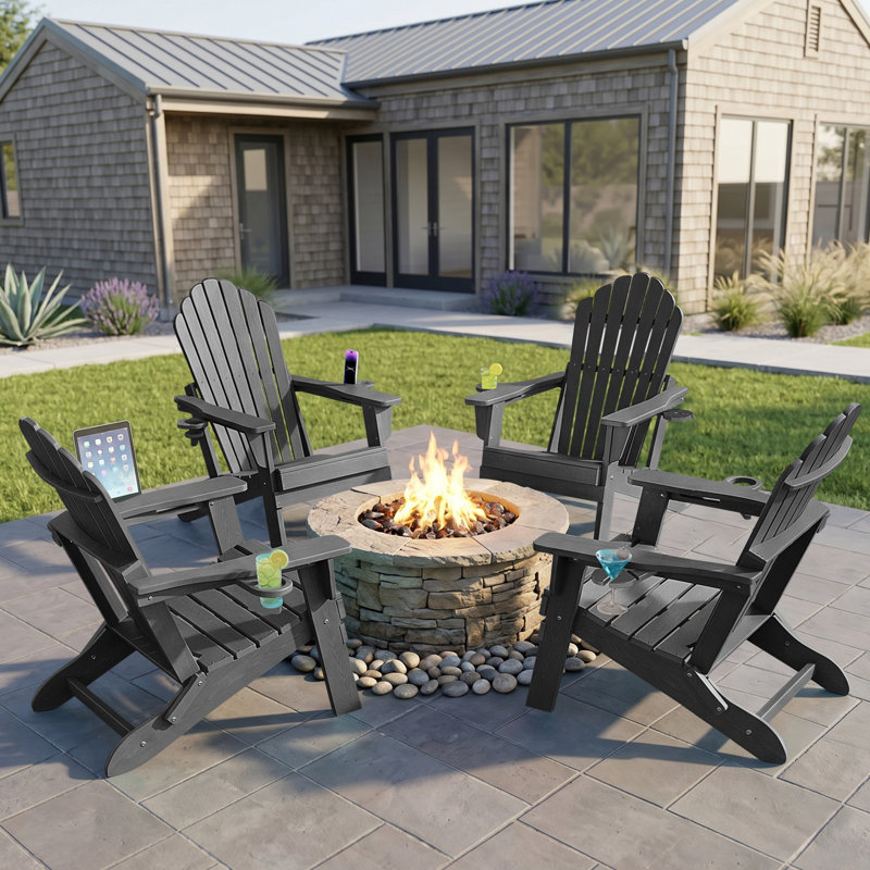 4-person Folding Adirondack Chair Set – Hdpe All-weather Outdoor Patio Seating With Cup Holders, Gray