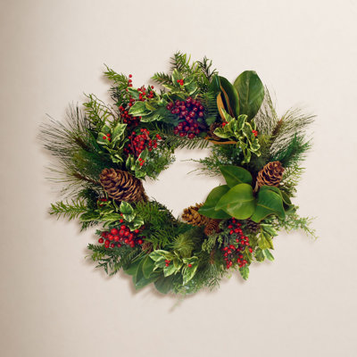 24" Holly Pine Magnolia Wreath