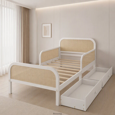 Structure de lit plateforme simple avec 2 tiroirs de rangement, lit en rotin pour enfants avec tête et pied de lit, blanc