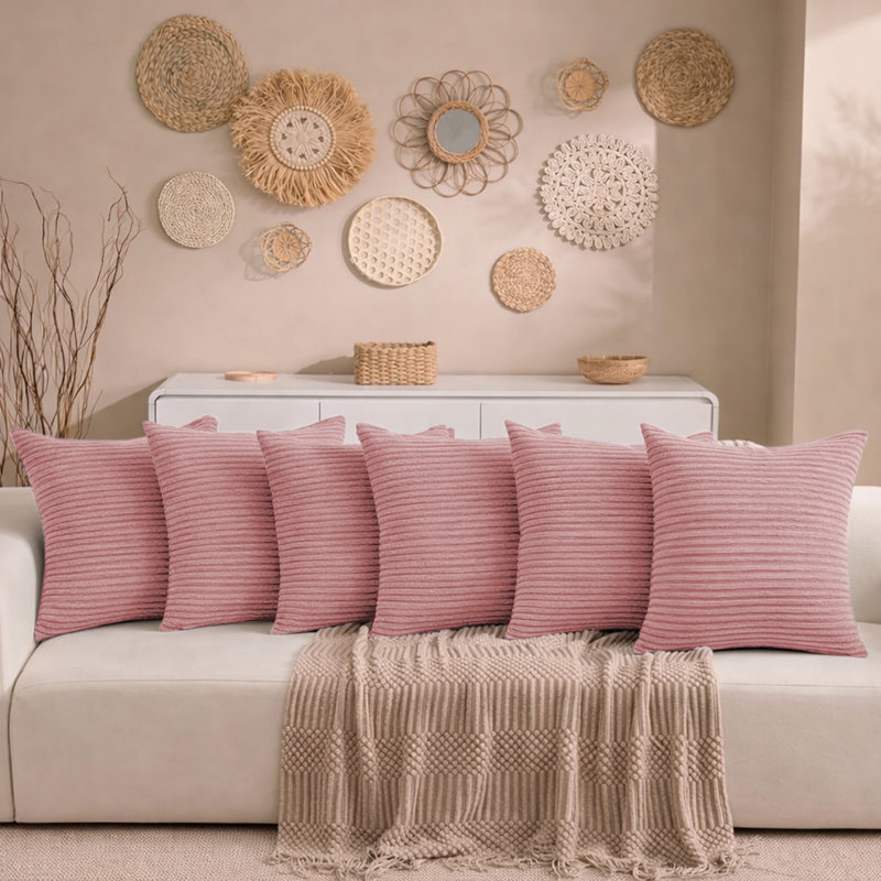 Aspire Homeware Striped Square Velvet Cushion Cover, Light Pink, Pack of 6