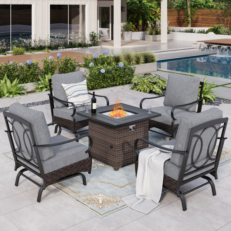 4-Person Rocking Sofa Chairs Seating Group with Fire Pit Table, Gray