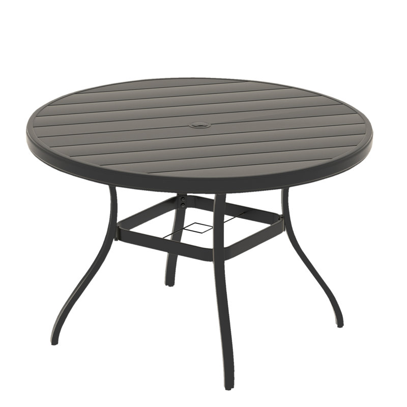 All - Weather Outdoor Round Coffee Table For 4 6, Black Steel With Umbrella Hole, Modern Style Deck And Poolside Dining 6 People, Design Lawn