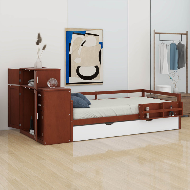 Lit plateforme simple en bois avec bibliothèque intégrée et garde-robe mobile, conception multifonctionnelle avec lit gigogne