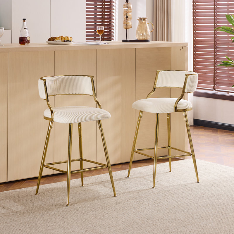 Padded Cushion Metal Legs Modern Bar Stool Set of 2 Gold, Cream