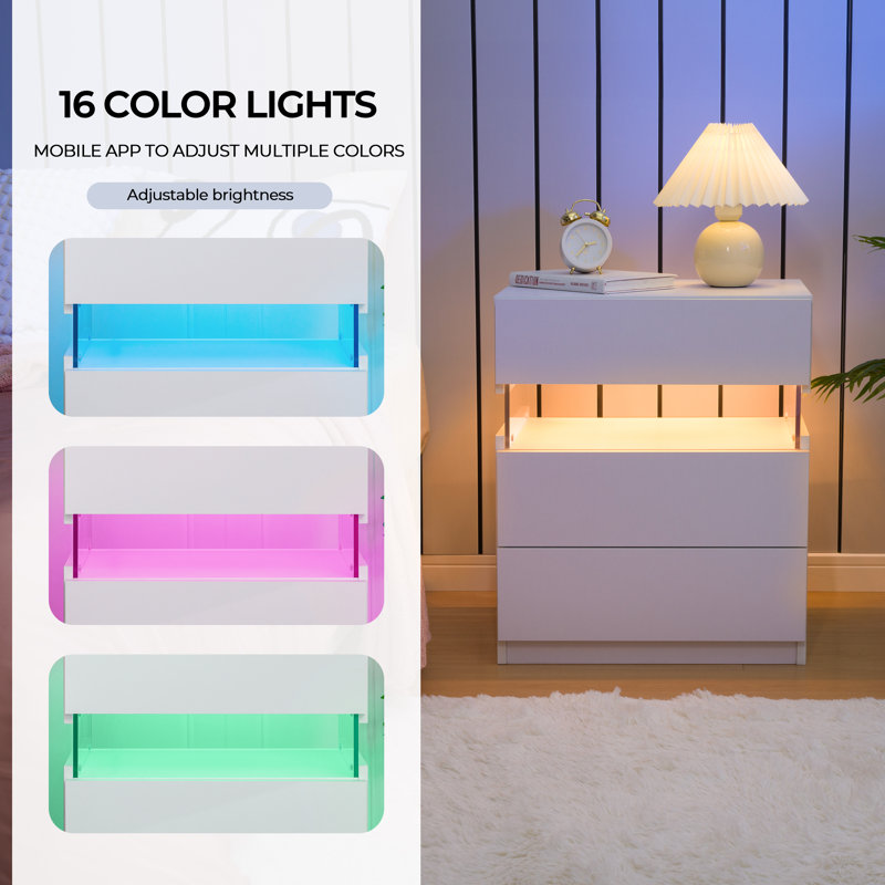 Gold and Gray Acrylic LED Nightstands with 3 Drawers