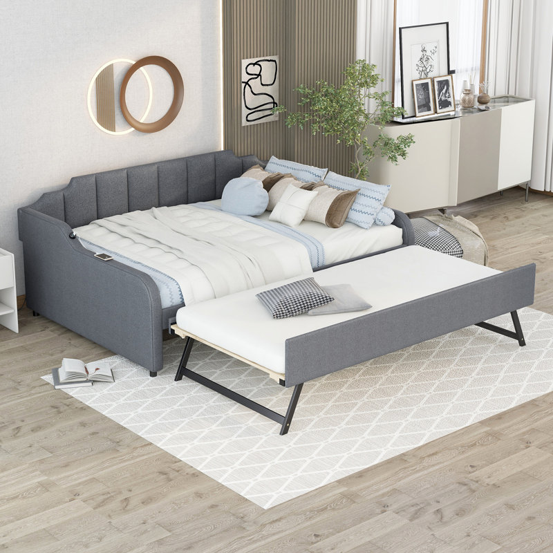 Lit de jour double rembourré avec lit gigogne et conception de chargement USB, le lit gigogne peut être plat ou érigé, gris