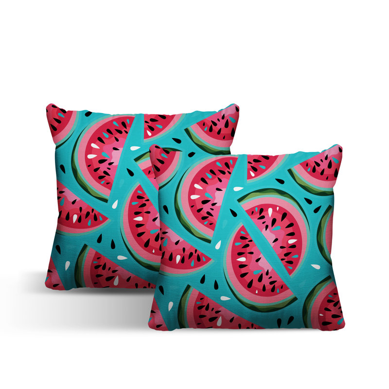 Oreiller carré intérieur / extérieur Yumelon Watermelon, L 19 po x H 19 po, Turquoise / rouge