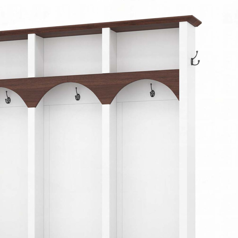 Arched Design Wooden Hall Tree with Storage Bench with 5 Black Hooks, White