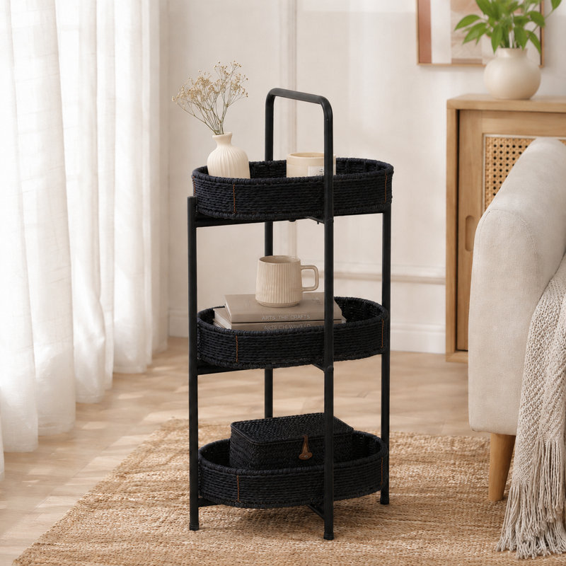 Étagère de rangement à 3 niveaux en rotin tissé et métal avec tablettes ovales / panier pour le salon, la chambre à coucher