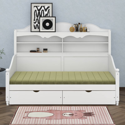 Twin Size Daybed With Storage Drawers, Wooden Day Bed With Storage Headboard Shelving, Retro Daybed