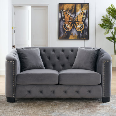 59-Inch Modern Chesterfield Velvet Sofa, 2-Seater Sofa, Upholstered Tufted Backrests With Nailhead Arms And 2 Cushions For Living Room, Bedroom, Apartment, Office