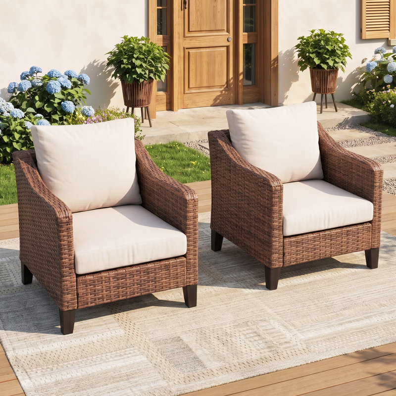 Ensemble de 2 fauteuils d'extérieur en rotin tressé résistant aux intempéries avec coussins en oléfine
