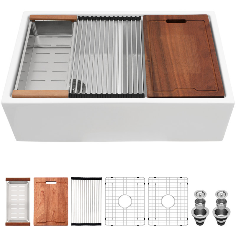 Évier de cuisine blanc en céramique à tablier double 33 po avec rail pour poste de travail, résistance aux éclats et à la résistance, inclut des accessoires essentiels pour la cuisine, un espace de travail amélioré,
