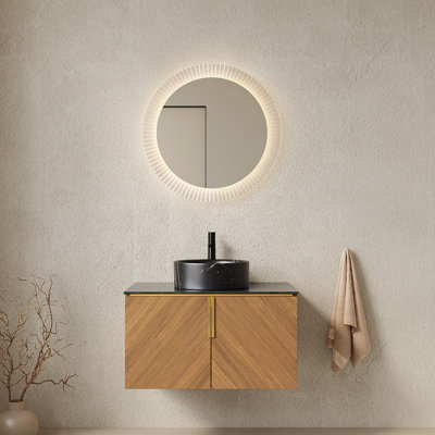 Meuble-lavabo de salle de bain 30 po ARAI, armoire de rangement murale en contreplaqué avec portes doubles, comptoir en pierre frittée noire et lavabo rond en céramique noire avec motif de pierre, couleur grain de bois de chêne brun