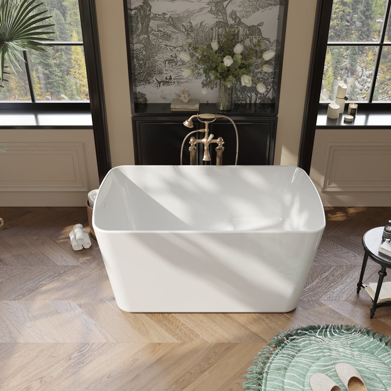 49'' Freestanding Soaking Acrylic Bathtub, Square-shape Japanese Soaking Hot Tub with Built-in Seat, Chrome Overflow and Drain