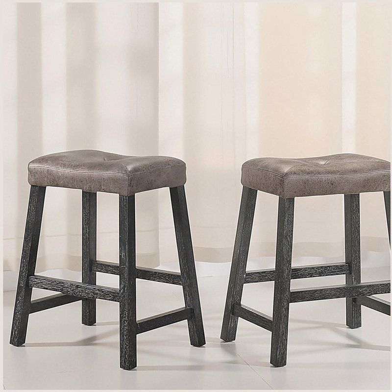 Tabouret de bar 25 po en bois avec siège en cuir, tabouret de comptoir sans dossier (gris, ensemble de 2)