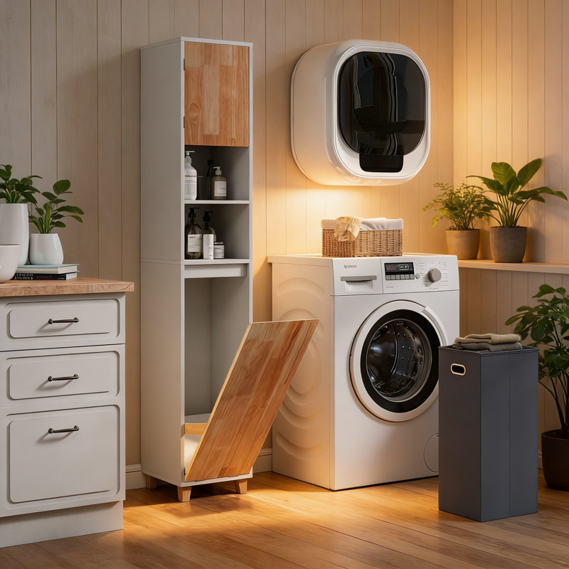 Rubber Wood, MDF, Fabric Freestanding Linen Cabinet