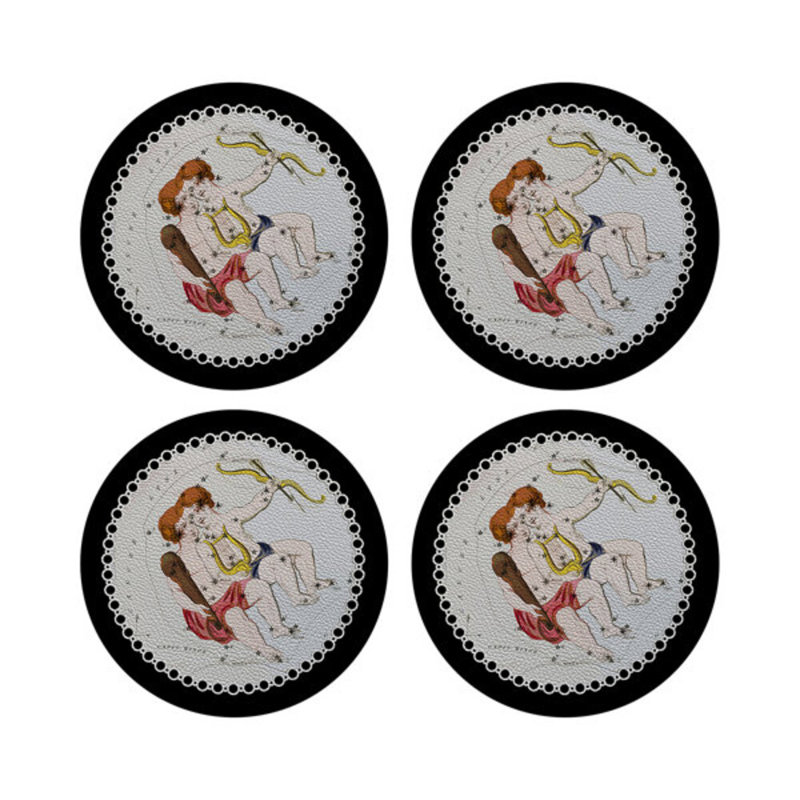 Zodiac Gemini White Vegan Leather Round Coasters, Black