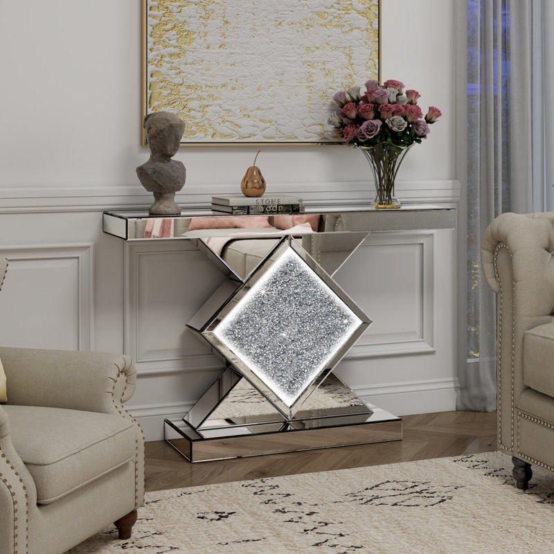 Rillamas LED Lighting Mirrored Console Table Crushed Diamond Inlay