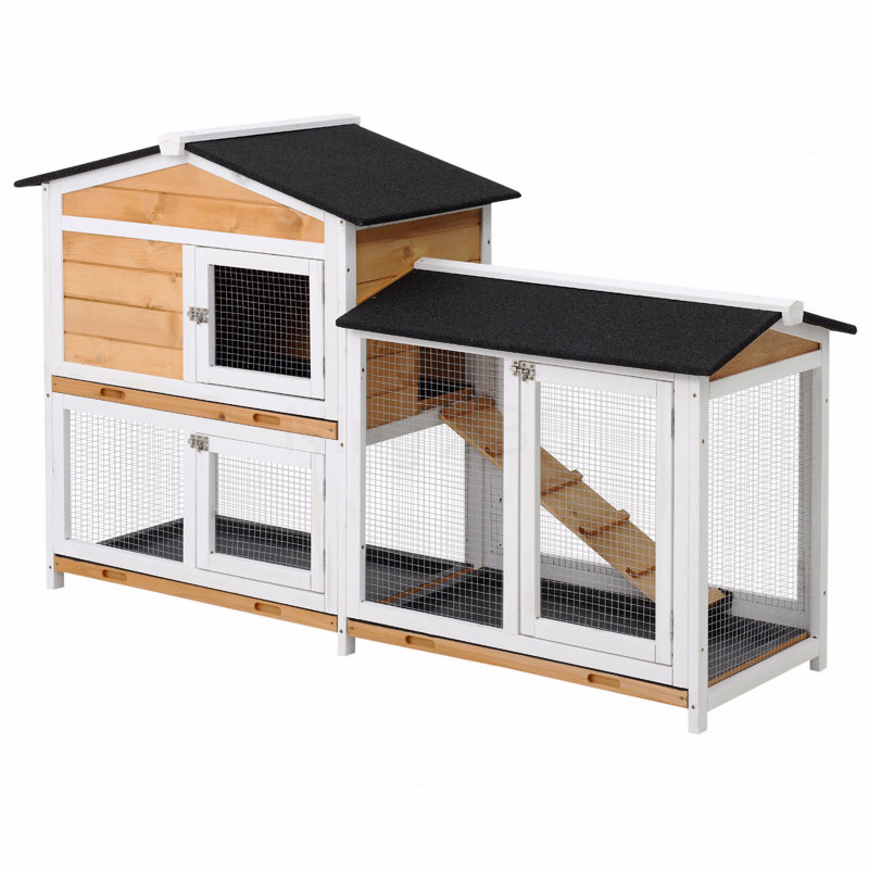 Cage à lapin en bois à 2 étages avec cage pour petit animal et rampe, Jaune