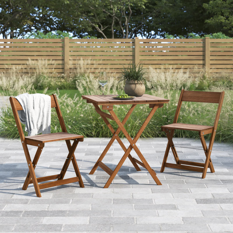 Prachi 26” Square 3-Piece Solid Acacia Wood Outdoor Bistro Set, Brown