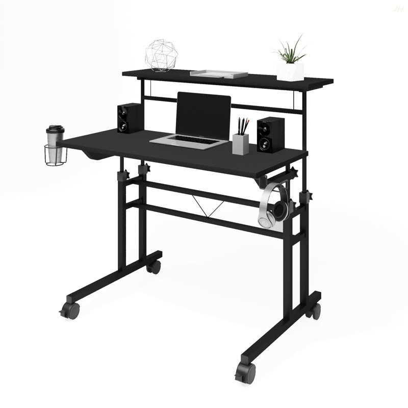 Techni Mobili Rolling Writing Desk With Height Adjustable Desktop And Moveable Shelf, Black, Black