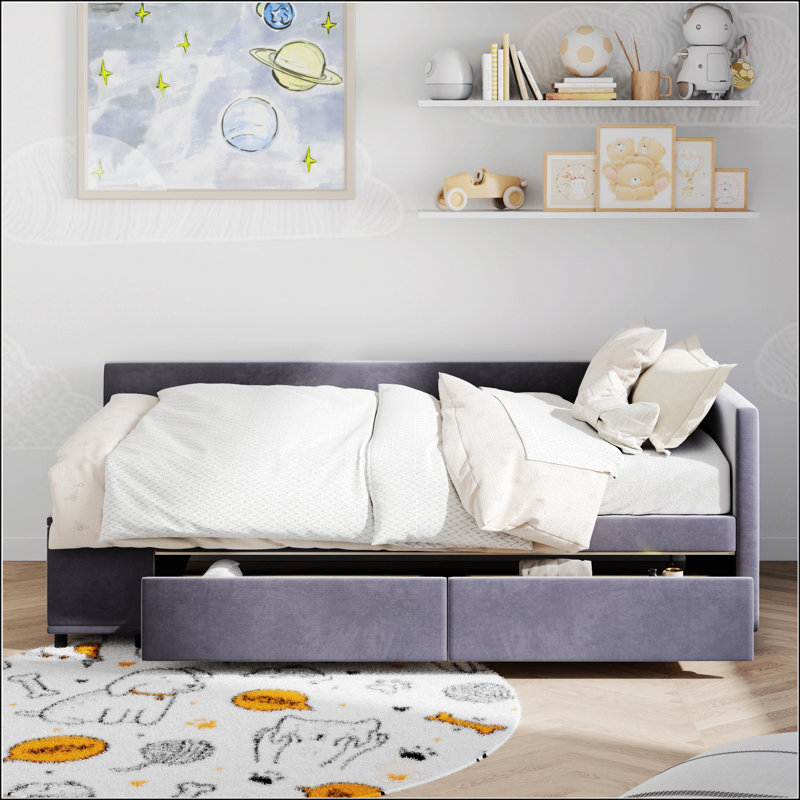 Lit plateforme simple tapissier en forme de L avec rangement et tiroirs, Gris