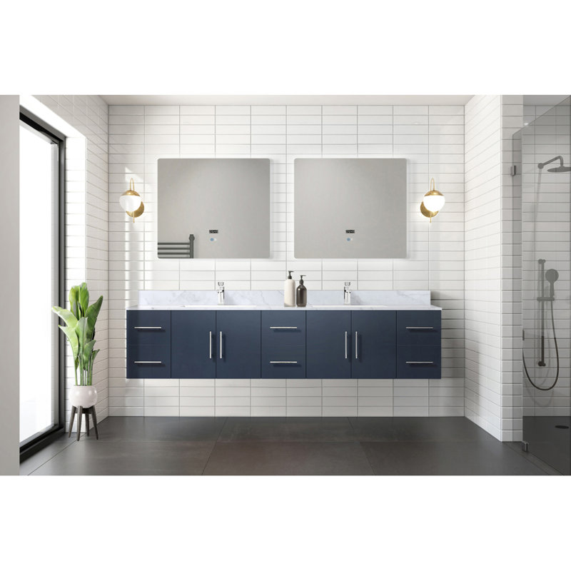 Meuble-lavabo double bleu marine 84 po X P 22 po D, avec plateau en marbre de Carrare, Marine