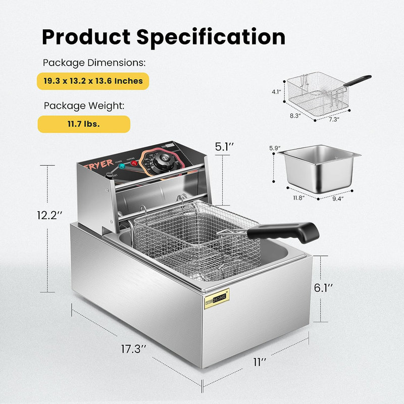 Friteuse électrique 2500 W 10,6 Qt avec panier amovible 6,3 Qt