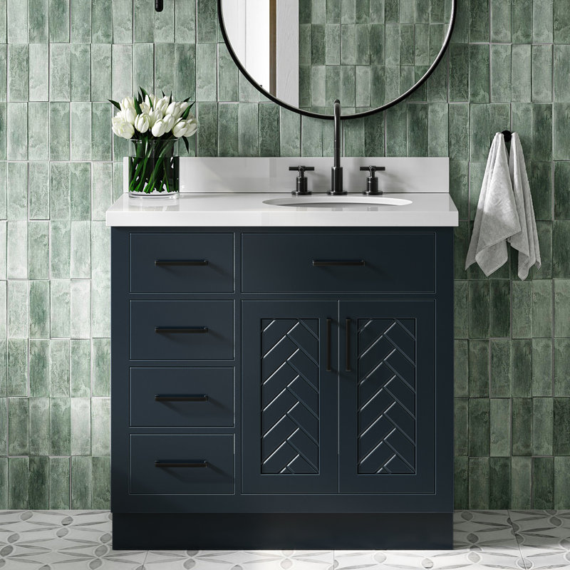 Meuble-lavabo simple ovale à chevrons 37 po avec comptoir à quartz blanc pur 1,5 po Chevron, Ovale, Bleu minuit