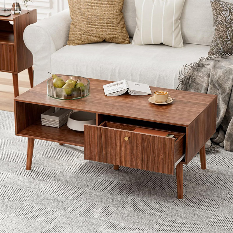 Fluted Coffee Table With Storage, Mid Century Dining Table With Drawer And Solid Wood Legs, Small Coffee Tables For Living Room, Walnut