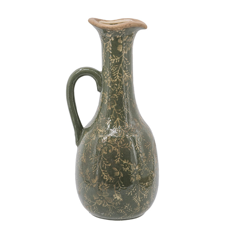7X6X14" Ceramic Pitcher Vase With Olive Green Finish And Floral Motifs, 14.2" H x 7.1" W x 6.1" D
