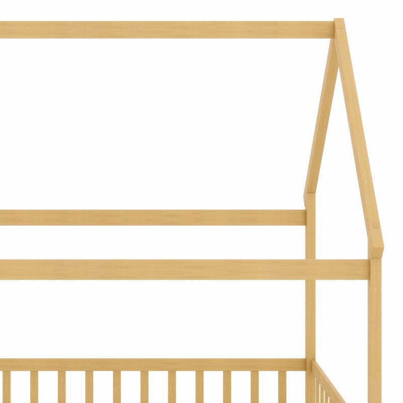 House-Shaped Wooden Floor Bed with Roof & Safety Guardrails, Natural