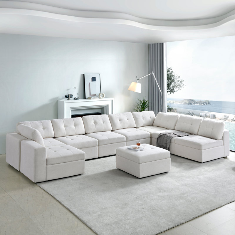 U Shaped Modular Sectional Sofa With Chaise, White Polyester