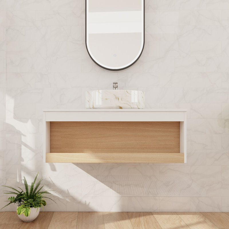 Meuble-lavabo mural simple 36 po avec lavabo en céramique et comptoir flottant avec 1 tablette ouverte, L 36 po, Blanc / doré