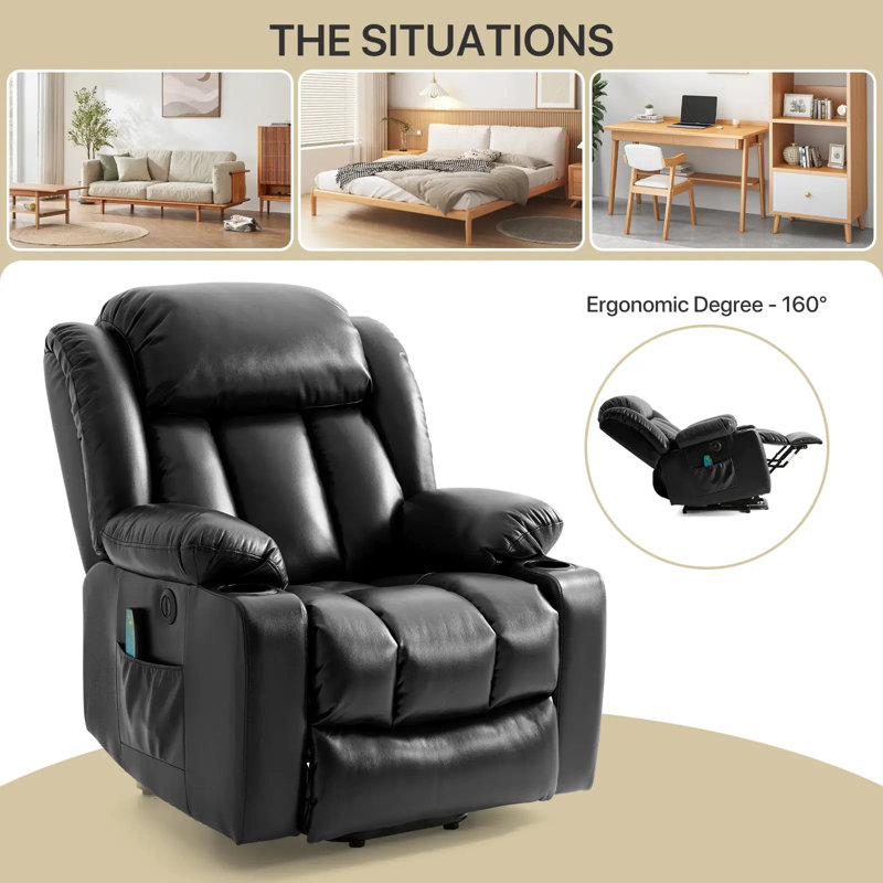 Power Lift Recliner Chair for Elderly With Vibration Massage Heat And Cup Holders, 2 Side Pockets, Black Faux Leather