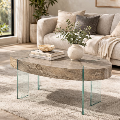Oval Stone Veneer Coffee Table with Tempered Glass Floating Legs-43" L x 24" W x 17" H