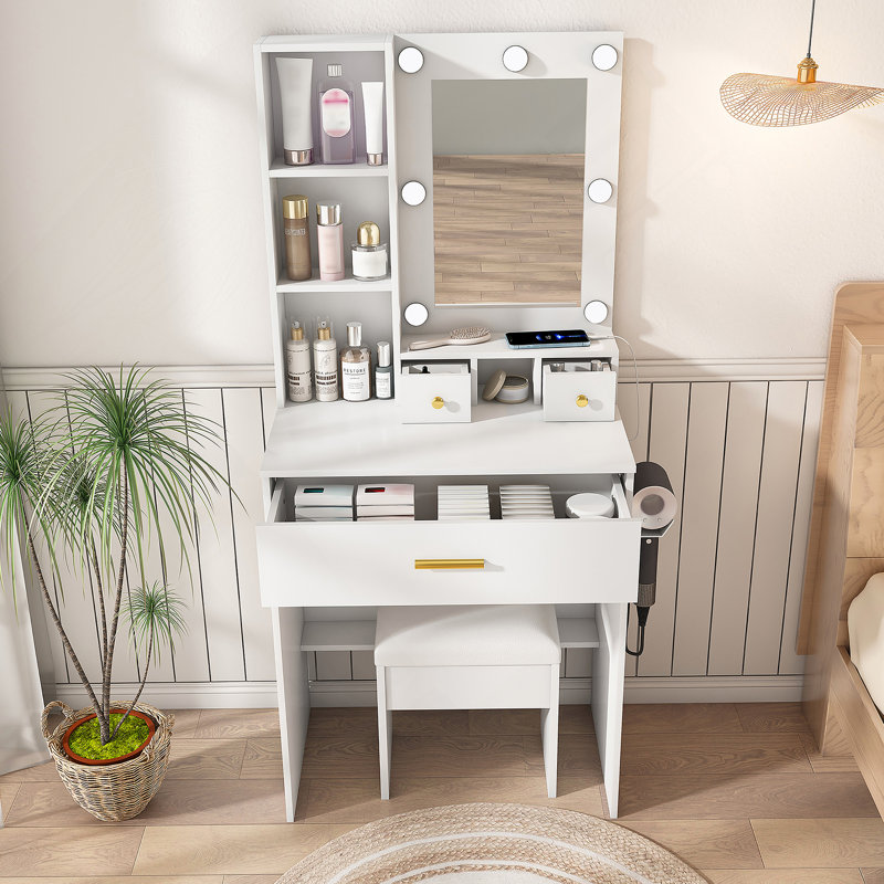 Table de coiffeuse avec miroir et lumières DEL réglables, prise de courant, support pour sèche-cheveux et tabouret, bureau de rangement compact et fonctionnel pour les petites chambres