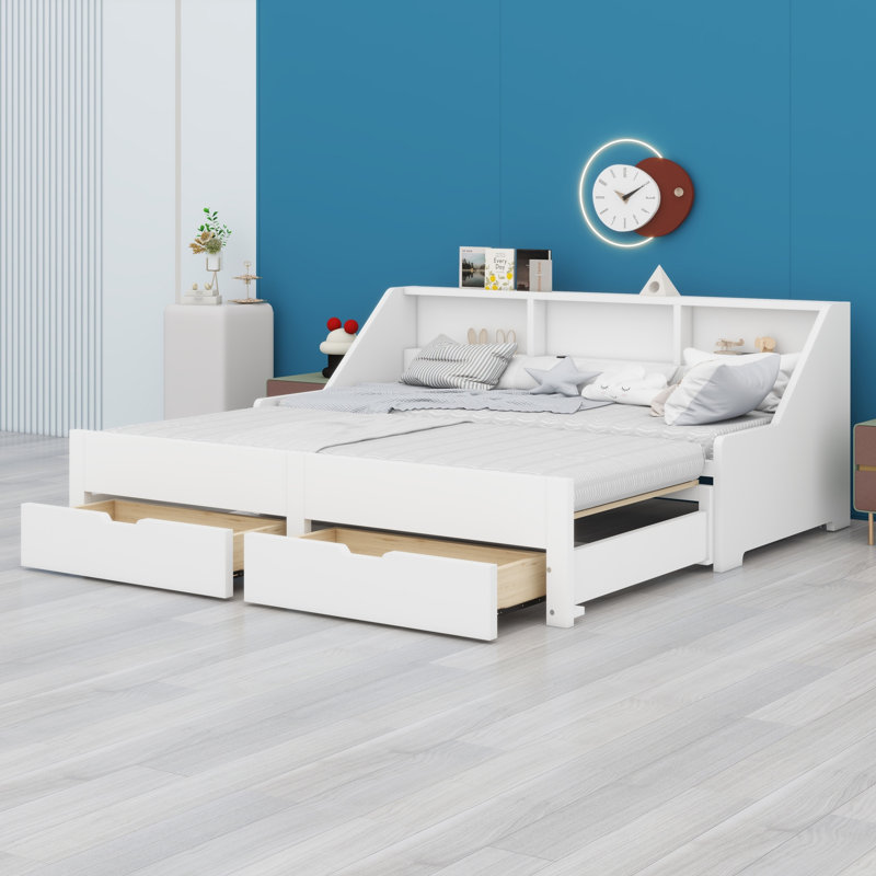 Structure de lit de jour contemporaine avec tiroirs de rangement, tablettes et fonction de chargement, White