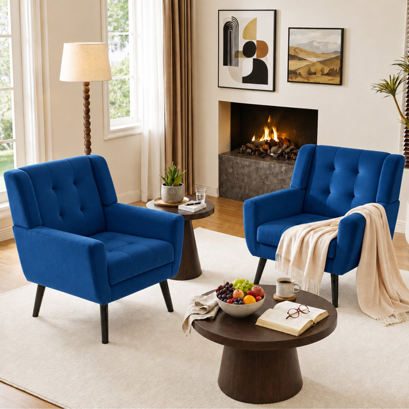 Ensemble de 2 fauteuils capitonnés rembourrés à dossier large, Velours bleu marine