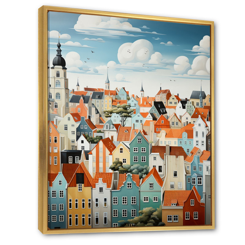 Collage de toits écarlates Elyx Danemark IV, H 20 po x l 12 po x P 1 po, Cadre flottant doré
