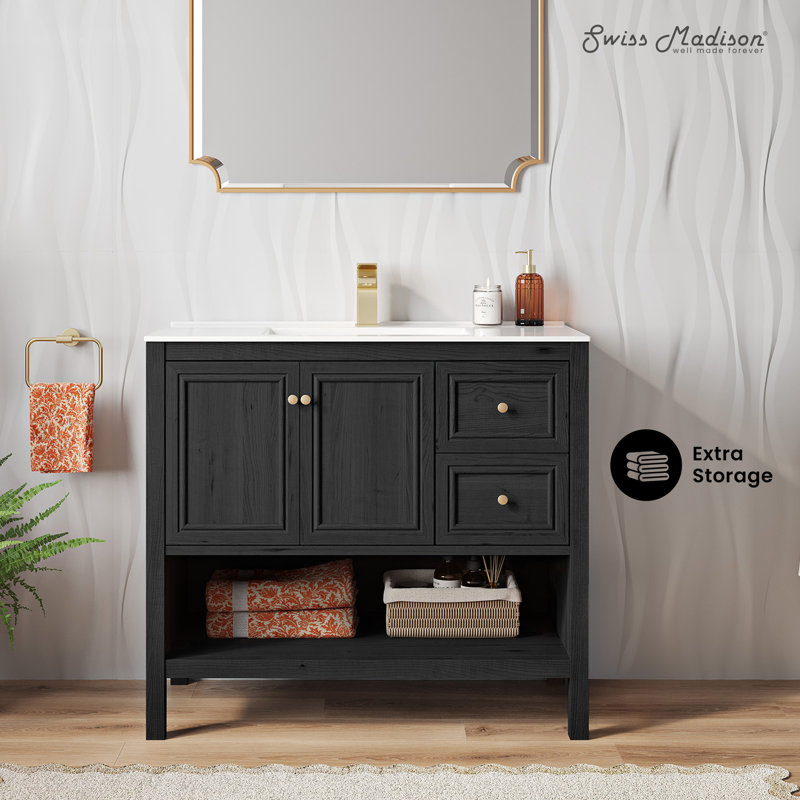 Chateau 36" Freestanding Bathroom Vanity in Black Oak with Sink Top, White, Black Oak, Single-Hole
