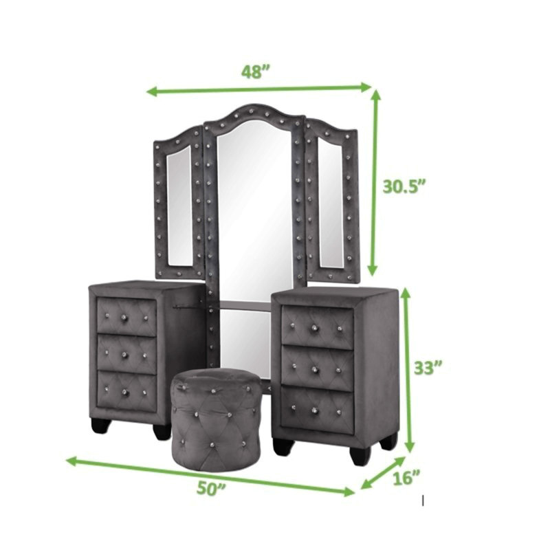 Ensemble de meuble-lavabo capitonné en cristal de style moderne avec 6 tiroirs et tabouret, fini en velours de bois, Gris