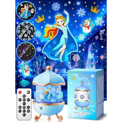 Night Light Snow for Kids, 15 White Noise+16 Films+336 Colors Star Projector for Kids, 360°+Remote+Cordless Baby Night Light Projector, Princess Toys for Girls Room Decor Light