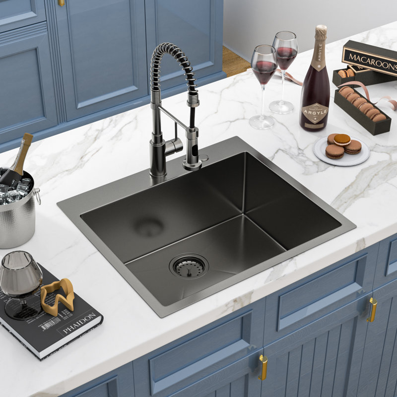 Évier de cuisine encastré à simple cuve en acier inoxydable de calibre 16 L 25 po x l 22 po, Noir