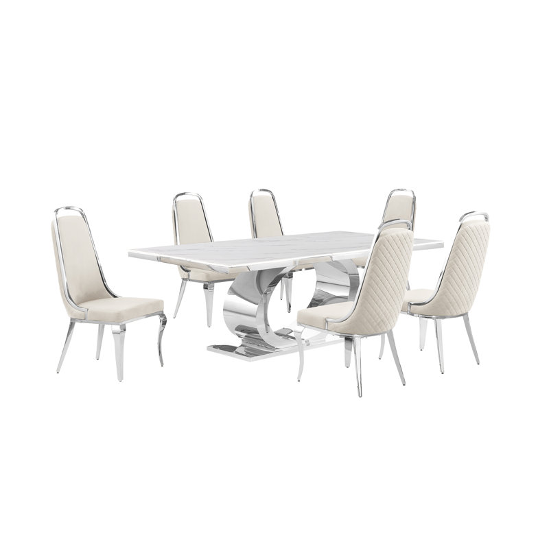 Ensemble de salle à manger rectangulaire L 87 po x l 44 po Bankston, 7, Crème / argenté, Argent